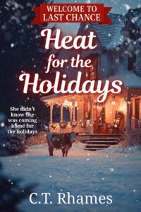 Heat for the Holidays by C.T. Rhames, Christmas western omegaverse, snowy ranch house with a cute cow in front